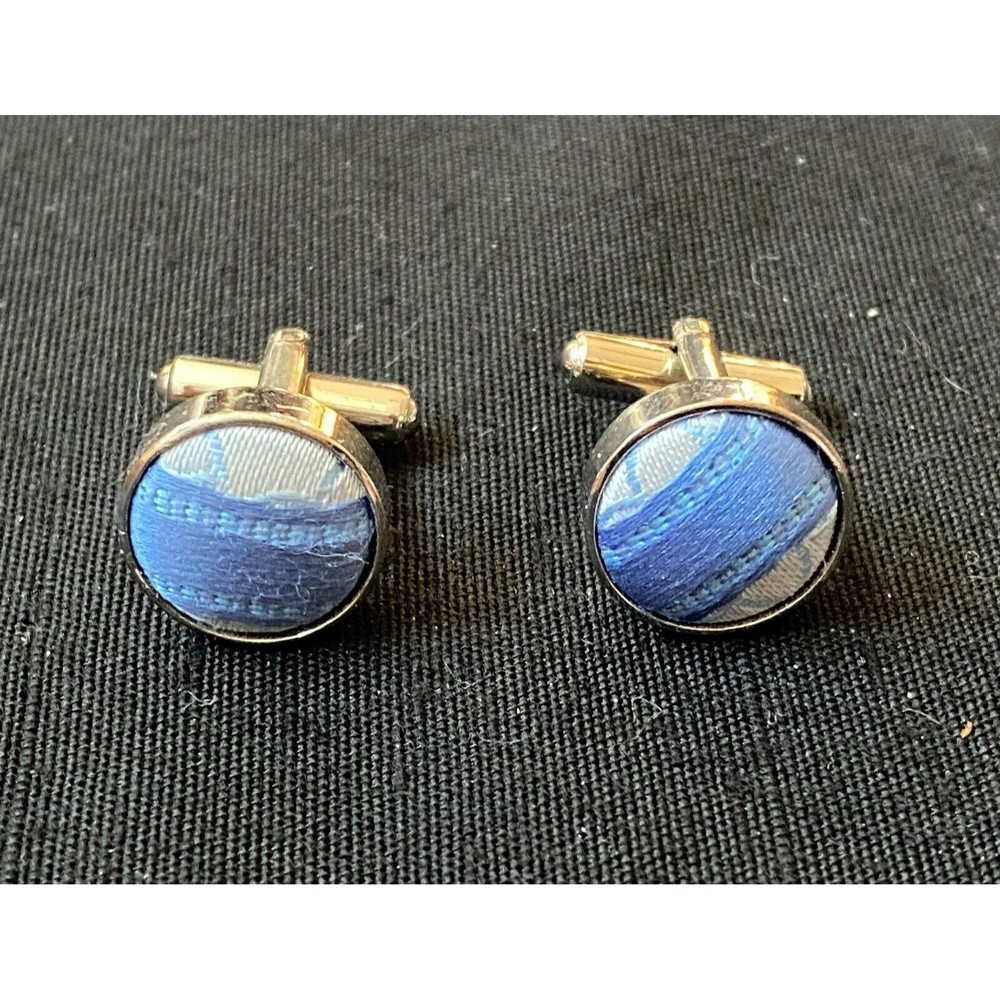 Blue Fabric Silver Tone Cufflinks